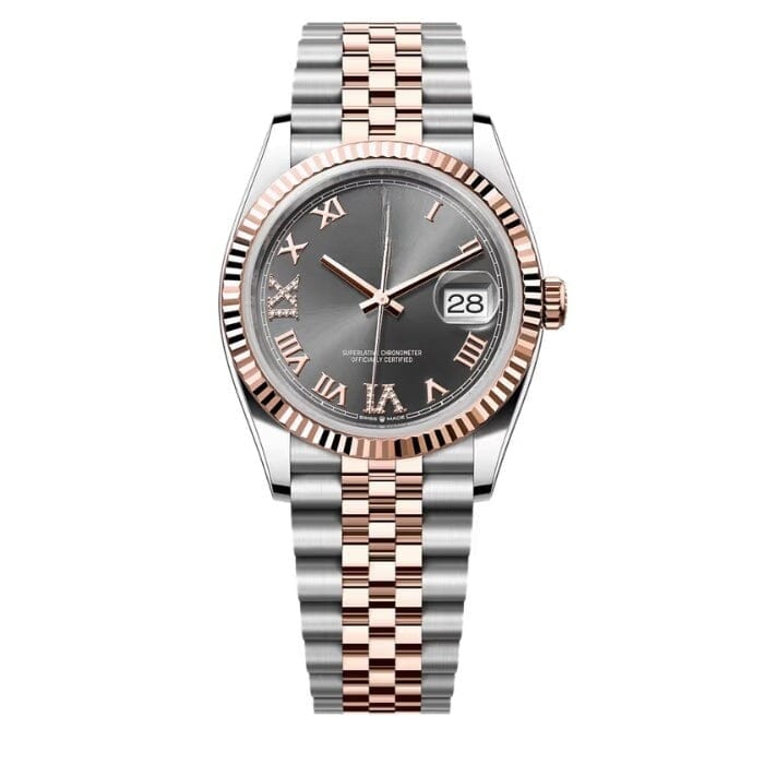 Datejust 126231 - Dunkel Rhodium Zifferblatt, Geriffelte Lünette, 36mm Vandhlr
