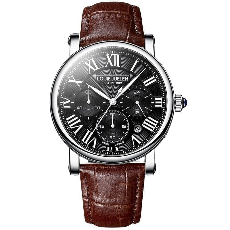 Executive Klassik Herrenuhr Vandhlr Silber mit schwarzem Lederhintergrund 