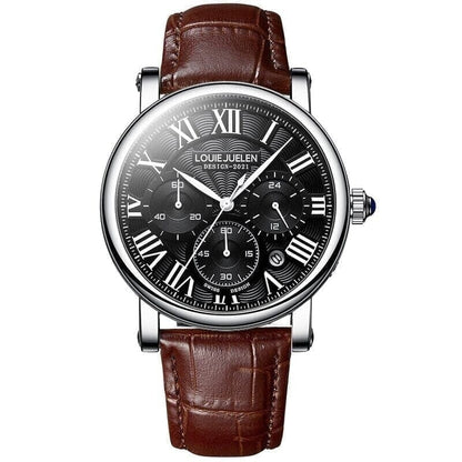 Executive Klassik Herrenuhr Vandhlr Silber mit schwarzem Lederhintergrund 