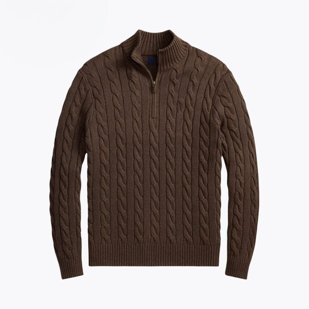 Grobstrick Baumwoll-Pullover Mit Zopfmuster Und Viertel-Reißverschluss Vandhlr Braun S 