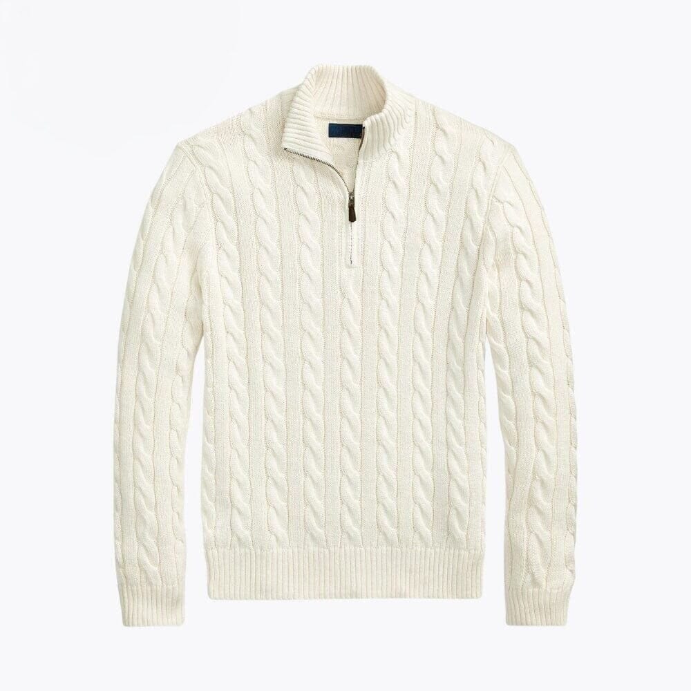 Grobstrick Baumwoll-Pullover Mit Zopfmuster Und Viertel-Reißverschluss Vandhlr Creme S 
