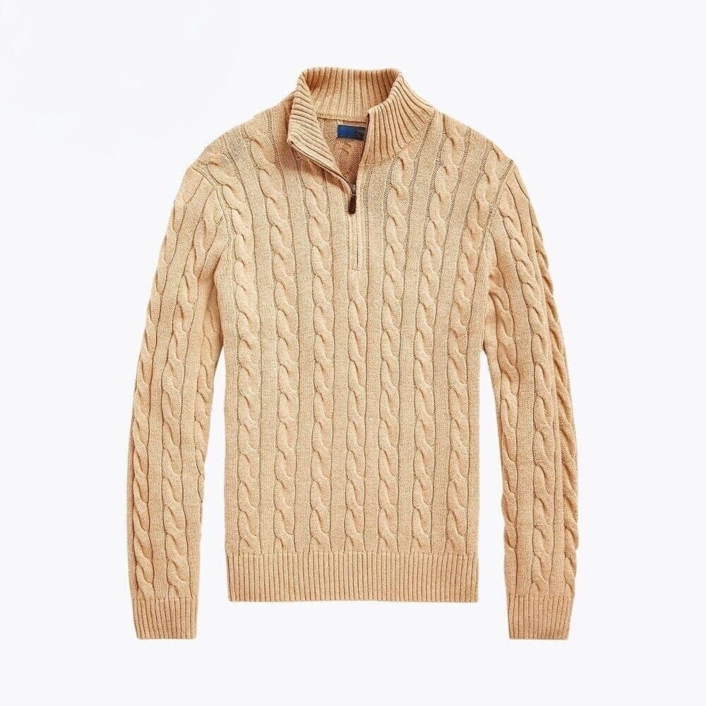 Grobstrick Baumwoll-Pullover Mit Zopfmuster Und Viertel-Reißverschluss Vandhlr Kamel S 