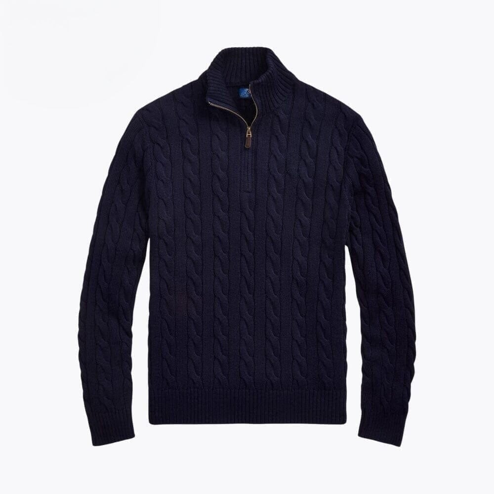 Grobstrick Baumwoll-Pullover Mit Zopfmuster Und Viertel-Reißverschluss Vandhlr Marineblau S 