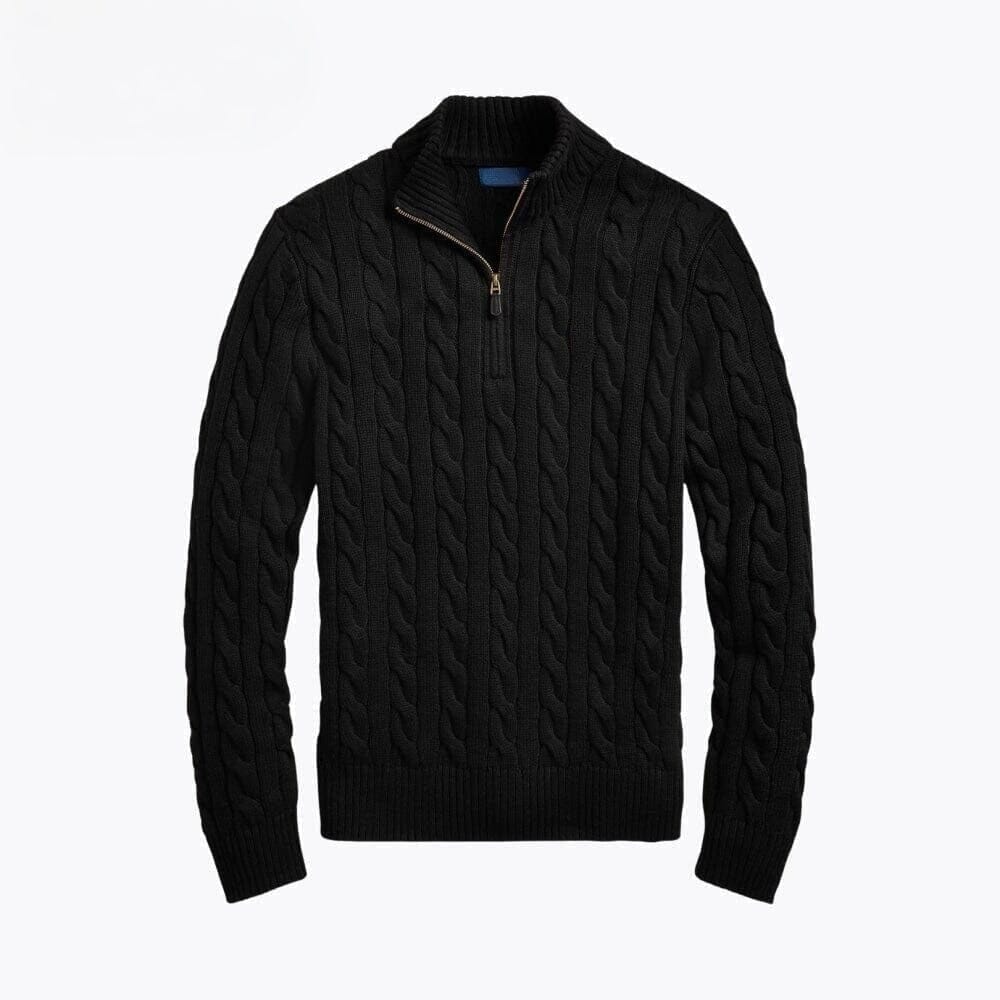 Grobstrick Baumwoll-Pullover Mit Zopfmuster Und Viertel-Reißverschluss Vandhlr Schwarz S 