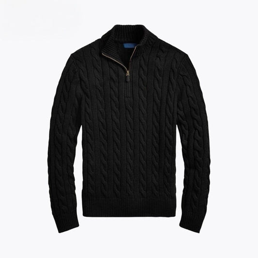 Grobstrick Baumwoll-Pullover Mit Zopfmuster Und Viertel-Reißverschluss Vandhlr Schwarz S 