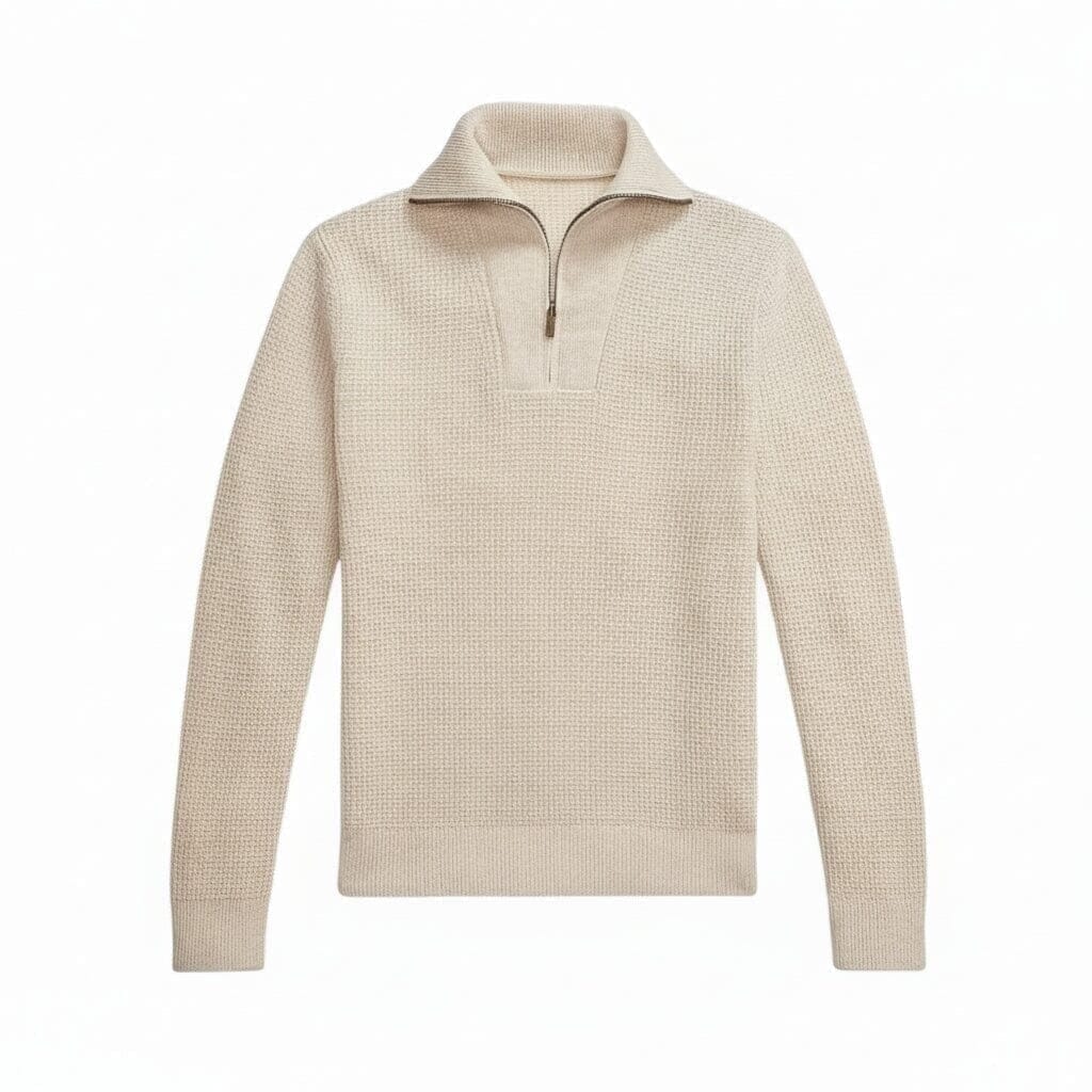 Waffelstrick Wolle-Baumwolle Pullover Mit Viertelreißverschluss Vandhlr Creme S 