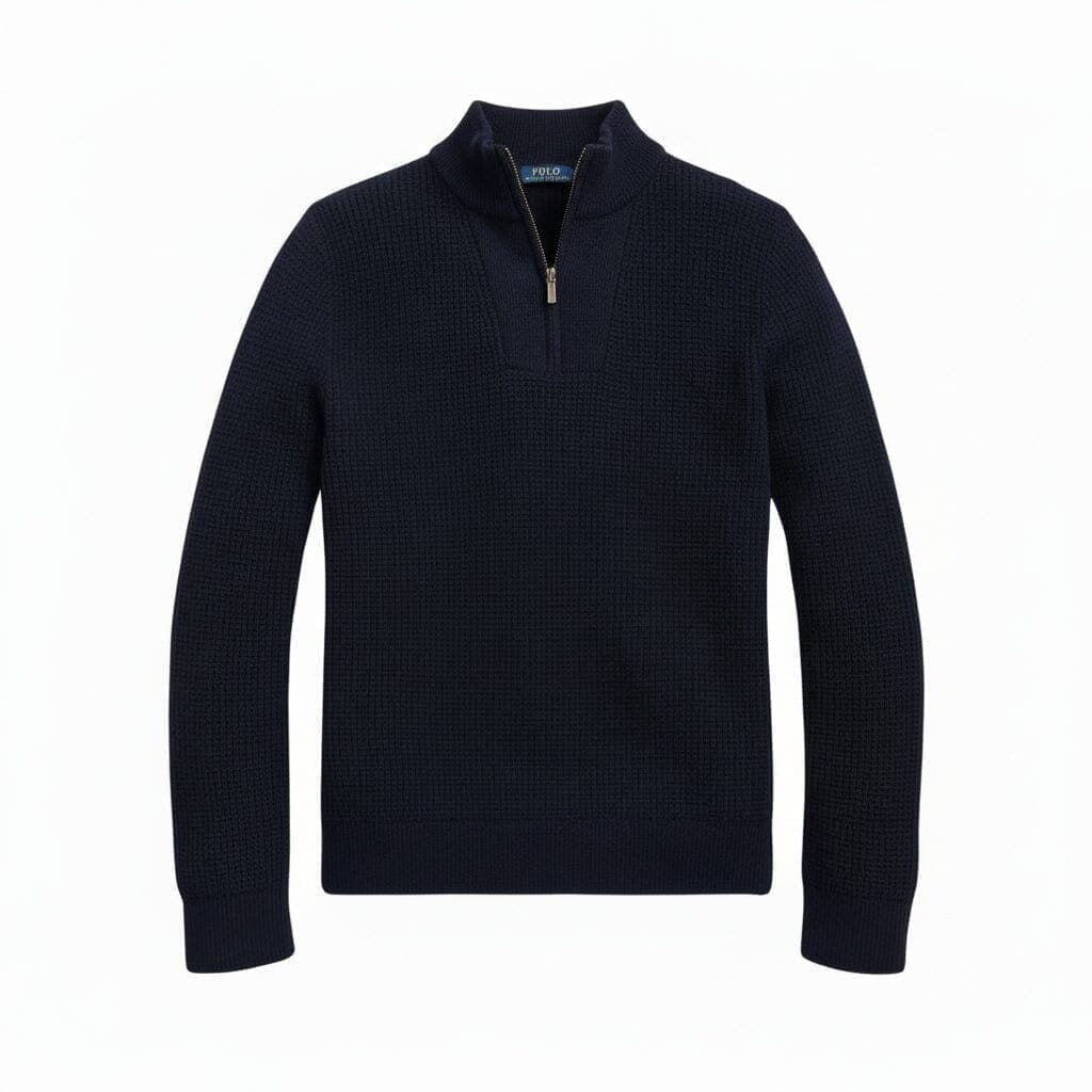 Waffelstrick Wolle-Baumwolle Pullover Mit Viertelreißverschluss Vandhlr Marineblau S 